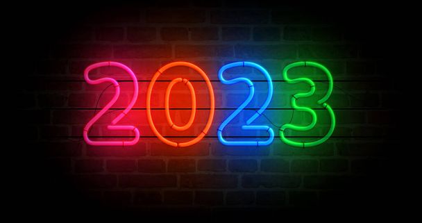 2023 year symbol neon symbol. Light color bulbs. Abstract concept 3d illustration. - Foto, afbeelding