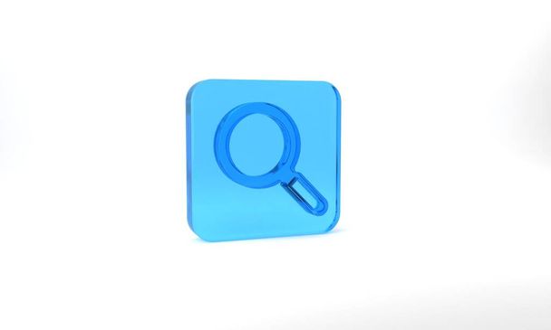 Blue Magnifying glass icon isolated on grey background. Search, focus, zoom, business symbol. Glass square button. 3d illustration 3D render. - Valokuva, kuva