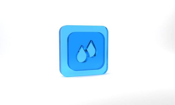 Blue Water drop icon isolated on grey background. Glass square button. 3d illustration 3D render. - Foto, Bild