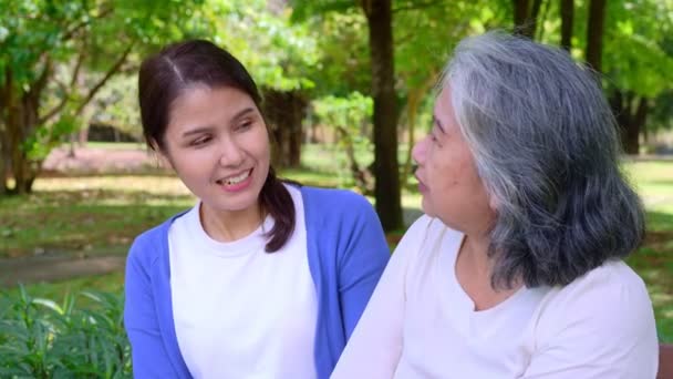 Happy senior mother with gray hair talk and laugh with daughter or caregiver in the park. Concept of happy retirement with care from a caregiver and Savings and senior health insurance, senior care - Filmagem, Vídeo