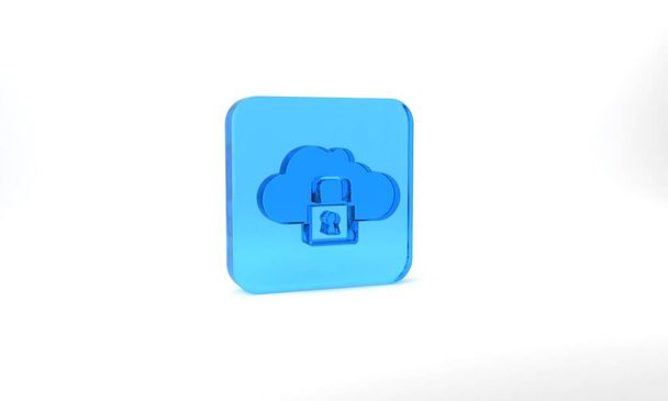 Blue Cloud computing lock icon isolated on grey background. Security, safety, protection concept. Protection of personal data. Glass square button. 3d illustration 3D render. - Photo, Image
