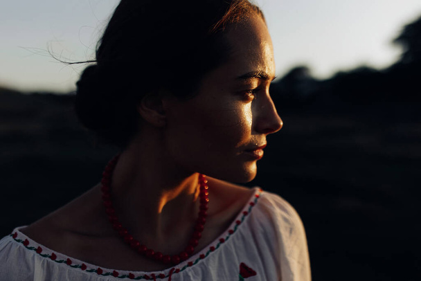 Portrait of young Ukrainian sunlit woman in traditional national embroidered shirt and necklace on meadow at sunset. Side view. Ethnic ukrainian national clothes style, embroidered shirt. - Foto, immagini