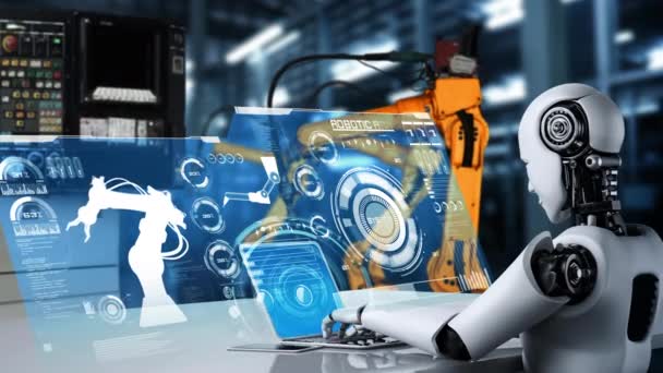 Cybernated industry robot and robotic arms for assembly in factory production . Concept of artificial intelligence for industrial revolution and automation manufacturing process . - Video