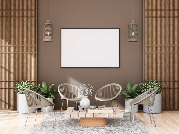mock up poster frame in tropical interior fully furnished rooms background, living room, 3D rendering - Foto, imagen