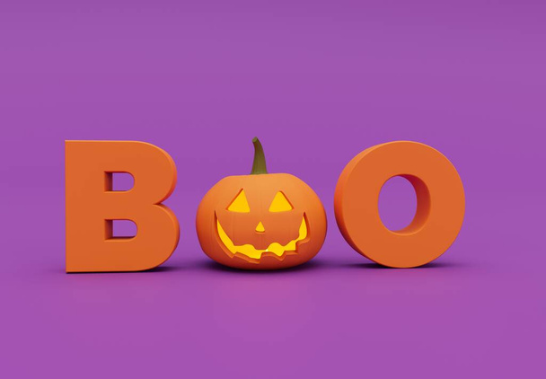 Boo! Happy Halloween day, lettering design with smiling pumpkin on purple background, Trick or Treat, 3d render - Fotoğraf, Görsel