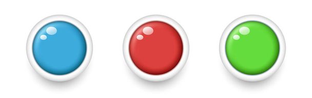 Τρία στρογγυλά κενά κουμπιά. Πράσινα, μπλε και κόκκινα κουμπιά. Διάνυσμα 3d εικόνα απομονώνονται σε λευκό φόντο. - Διάνυσμα, εικόνα