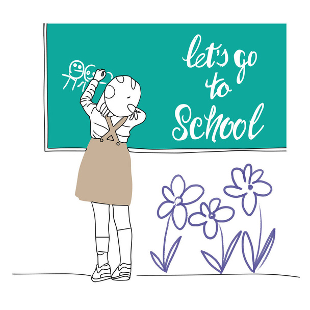 Lets go to school, handwritten lettering, girl schoolgirl draws on the blackboard, lessons, drawing in doodle style - Vektör, Görsel