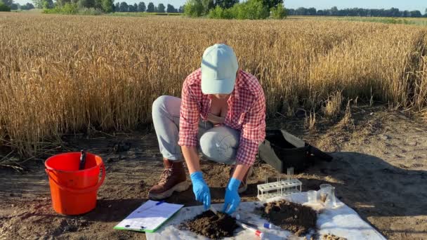 Female agronomist in rubber gloves sampling soil by taking sample into test tube for laboratory analysis outdoors. Scientist preparing material for research. Environment protection, soil certification - Footage, Video