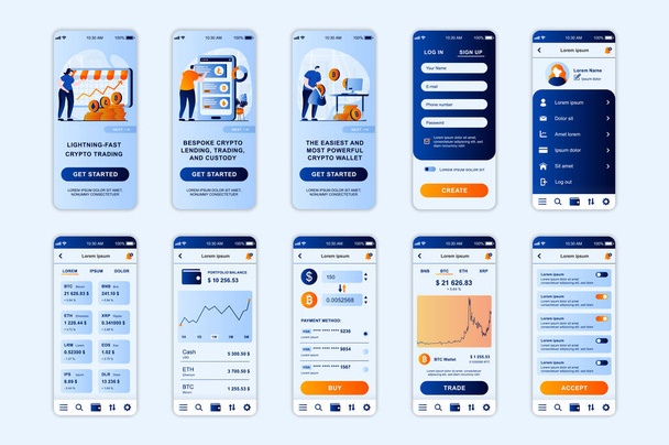 Crypto ανταλλαγή οθόνες έννοια που για το πρότυπο κινητό app. Οι άνθρωποι αναλύουν κρυπτογραφημένα δεδομένα και επενδύουν χρήματα. UI, UX, GUI user interface kit για διατάξεις εφαρμογών smartphone. Σχεδιασμός διανύσματος - Διάνυσμα, εικόνα