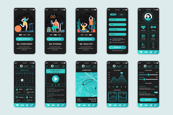 Fitness concept screens set for mobile app template. People doing different sports and workouts at home and in gym. UI, UX, GUI user interface kit for smartphone application layouts. Vector design - Vector, Image