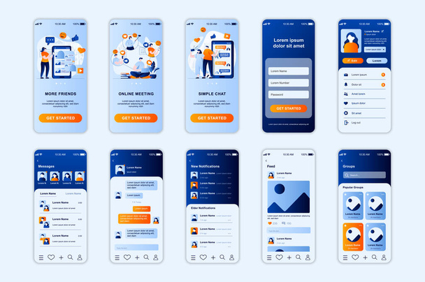 Social network concept screens set for mobile app template. People chat with friends and meet online, post photos. UI, UX, GUI user interface kit for smartphone application layouts. Vector design - Vector, afbeelding