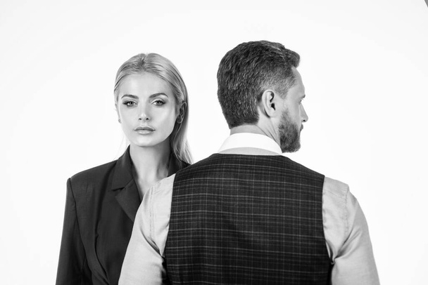 confident business couple in corporate fashion look isolated on white, contradiction. - Φωτογραφία, εικόνα