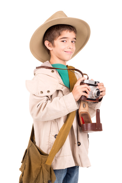 Niño con cámara jugando Safari
 - Foto, Imagen