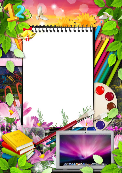 school frame with notepad, notebook books and drawing paints for decoration and design - Photo, Image