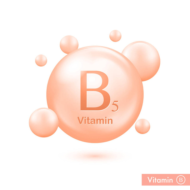 Vitamin B5 shining pill capcule icon . Vitamin complex molecula, group B, Pantothenic acid. Essence drop. Meds for heath ads. Vector illustration - Vettoriali, immagini