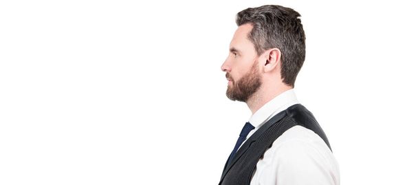 Man face portrait, banner with copy space. profile view of bearded businessman in business casual style, copy space, hairstyle - Valokuva, kuva