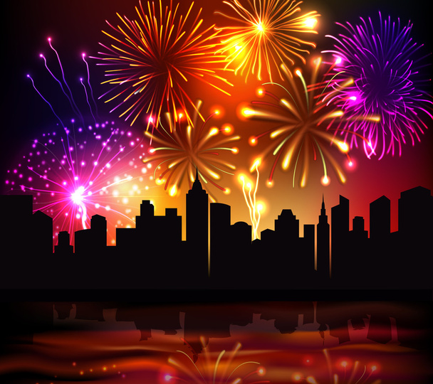 Fireworks stad achtergrond - Vector, afbeelding