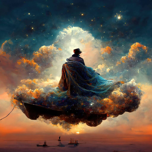 Digital art of magician with cowl in a boat floating in the clouds, 3d illustration, 3d render - Photo, Image