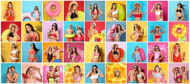 Collage with beautiful photos themed to summer party and vacation. Happy people wearing swimsuits on different color backgrounds, banner design - Foto, Imagen