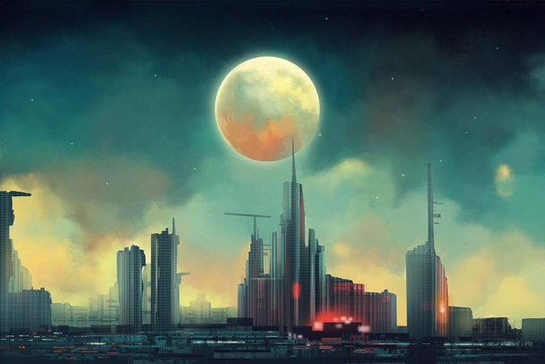 Cyberpunk City. Moon in the Sky. Future Town. Tall Buildings. Realistic Cartoon Style Scifi Background. Scene Design. CG Art Background. Book Illustration. Video Game Scene. Serious Digital Painting. - Foto, Imagem