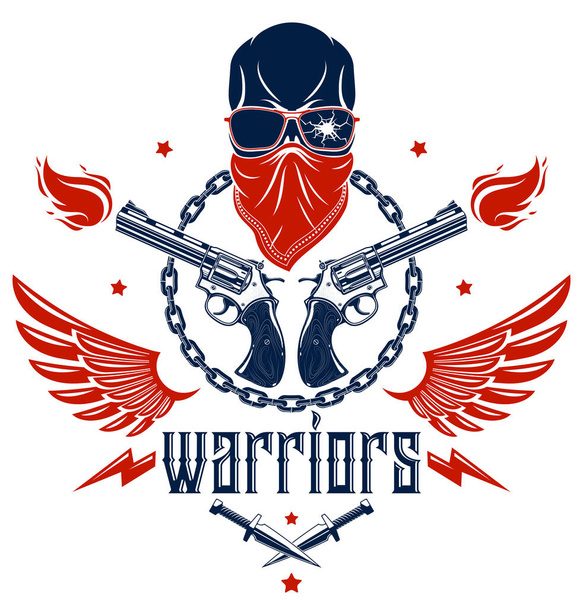Revolution and Riot wicked emblem or logo with aggressive skull, weapons and different design elements , vector tattoo, anarchy and chaos, rebel partisan and revolutionary. - Vector, Imagen