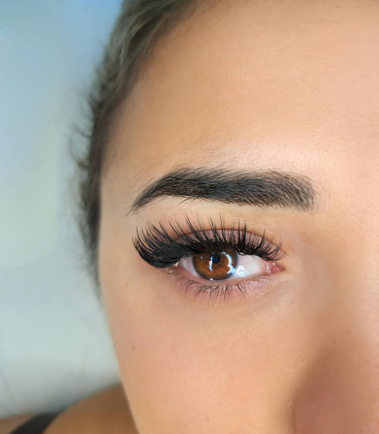 Close up of eyelash Extensions mega volume kim k wet effect . High quality photo - Фото, изображение