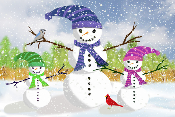 Winter Snowman Family  with Cardinal and Bluejay - Photo, Image