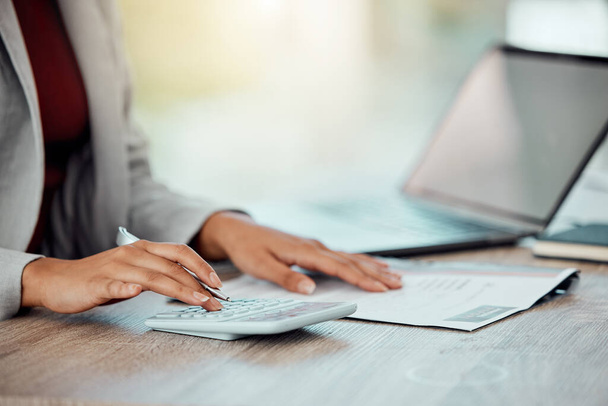Auditor, banker and business accountant womans hand calculating, planning and doing financial paperwork closeup. Young businesswoman managing investment, profile and insurance claims for client - Foto, immagini
