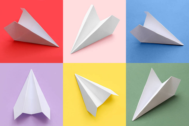 Πολλά χάρτινα αεροπλάνα σε πολύχρωμο φόντο - Φωτογραφία, εικόνα