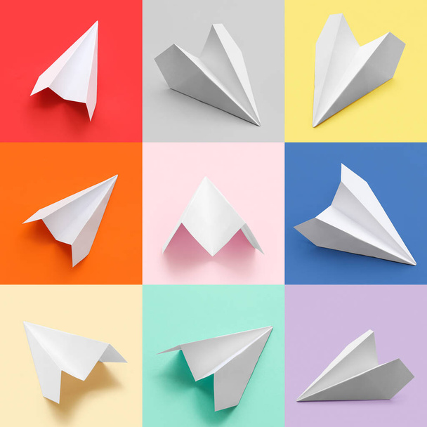 Many paper planes on colorful background - Foto, Imagem