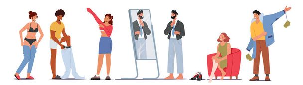 Set of Male and Female Characters Dressing Up, Men and Women Put on Clothes at Morning Prepare to go at Work. Isolated White Background. Daily Routine Concept. Cartoon People Vector Illustration - Wektor, obraz