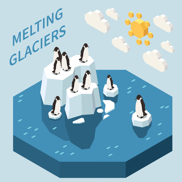 Climate change isometric background with group of penguins on melting glaciers 3d vector illustration - Vektor, kép