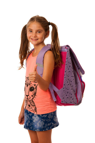 Young school girl with schoolbag isolated over white background - Foto, immagini