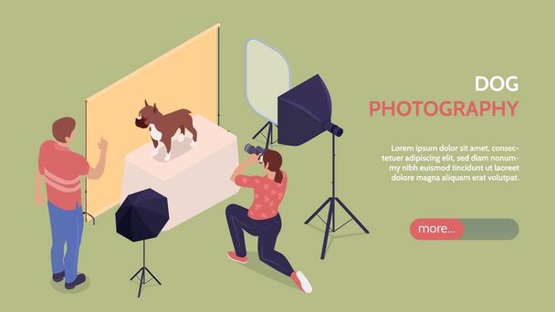 Photo session horizontal banner with kneeling female photographer photographing dog staying on box near owner isometric vector illustration - Vector, Imagen