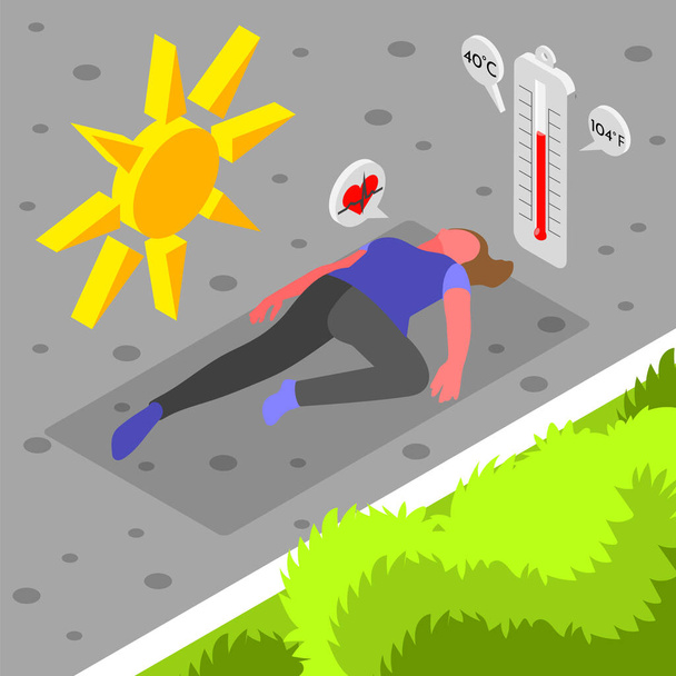 Heat stroke isometric composition with outdoor view of overheated woman lying on pavement with thermometer icon vector illustration - Vector, imagen