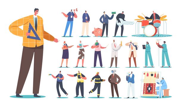 Set of Male and Female Characters Different Professions. Men and Women Teacher, Volunteer, Promoter, Robber, Banker, Drummer and Chemist. Nurse, Doctor, Worker. Cartoon People Vector Illustration - Vecteur, image