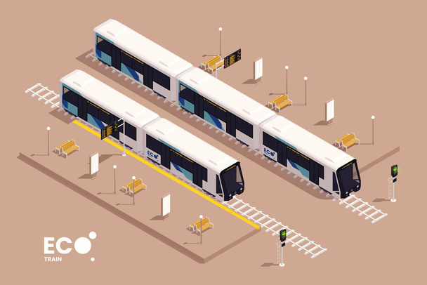 City tram isometric concept with eco sustainable public transport stop vector illustration - Vektor, obrázek