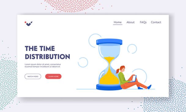 Time Management and Distribution Landing Page Template. Tiny Businesswoman Character Sitting at Hourglass with Laptop in Hands. Business Process, Procrastination. Cartoon People Vector Illustration - Vektori, kuva