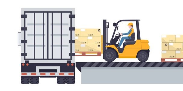 Εργαζόμενος που οδηγεί περονοφόρο και φορτώνει παλέτα με στοιβαγμένα κουτιά σε φορτηγό ψυγείο. Βιομηχανική αποθήκευση και διανομή των προϊόντων - Διάνυσμα, εικόνα