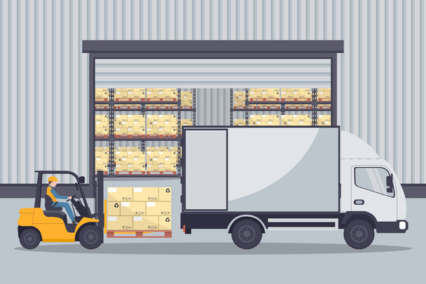 Industrial warehouse for the storage of products. Worker driving forklift loading pallets to refrigerator truck. Industrial storage and distribution of products - Vektori, kuva