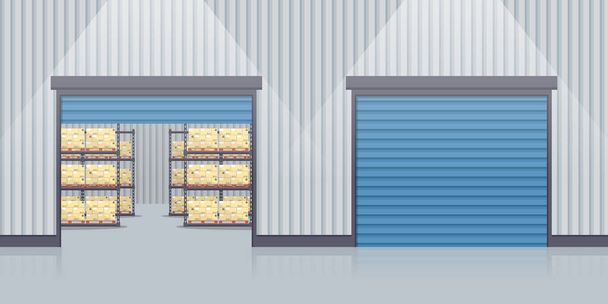 Промислові складські прокатні двері для зберігання продукції та товарів з промисловими металевими стійками та полицями для підтримки піддонів. Промислове зберігання та розповсюдження продукції
 - Вектор, зображення