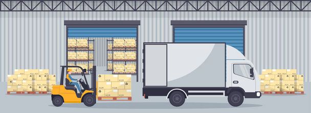 Industrial warehouse for the storage of products with metal racks and shelves for pallet support. Forklift trucks unloading from refrigerated truck. Industrial storage and distribution of products - Vector, Image