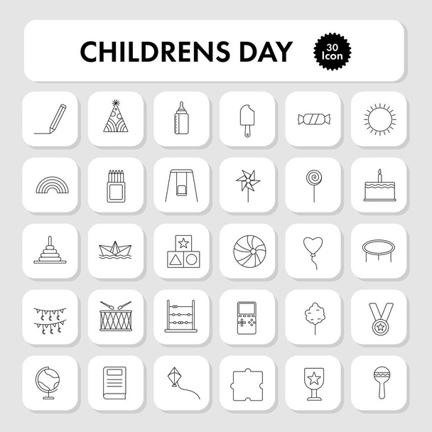 Black Thin Linear Of 30 Children Day Square Icon Set. - Vector, afbeelding
