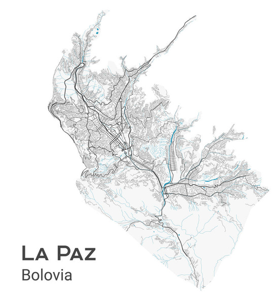 Χάρτης διάνυσμα Λα Παζ. Περισσότερα Χάρτης της διοικητικής περιοχής της πόλης La Paz. Πανόραμα του Cityscape. Royalty δωρεάν διανυσματική απεικόνιση. Οδικός χάρτης με αυτοκινητόδρομους, ποτάμια. - Διάνυσμα, εικόνα