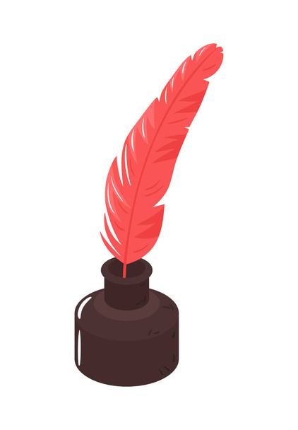 Isometric icon with red notary feather in inkpot 3d vector illustration - Vector, afbeelding