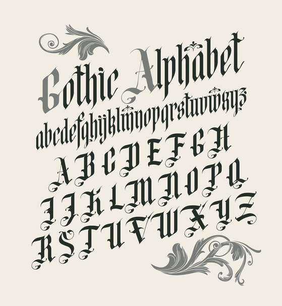 Gothic font. Full set of capital letters of the English alphabet in vintage style. Medieval Latin letters. Vector calligraphy and lettering. Suitable for tattoo, label, headline, poster - Vector, Image