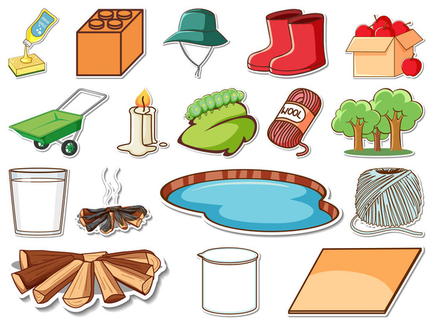 Etiqueta engomada conjunto de objetos diarios mixtos ilustración - Vector, Imagen