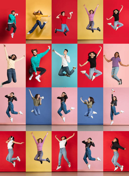 Колаж. Група молодих людей, чоловік і жінка, весело стрибають, позує ізольовано на різнокольоровому тлі. Насолода. Концепція емоцій, вираження обличчя, почуттів, моди, способу життя
 - Фото, зображення