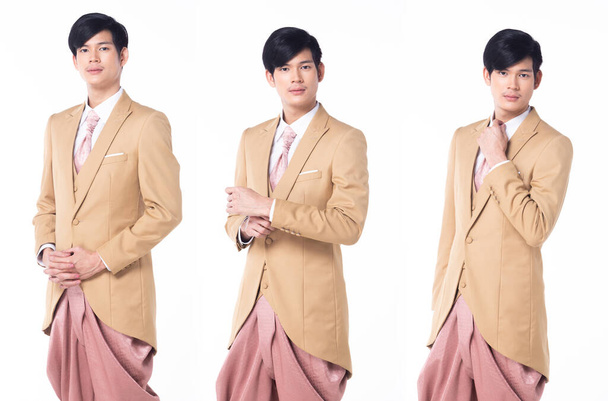 Collage Group half body Figure snap of 20s Asian man black hair suit jacket pant and shoes. Wedding male stands and pose confident over white Background isolated - Foto, immagini
