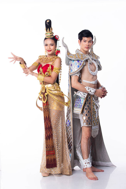 Collage Group full length Figure couple of 20s Asian man woman lover wear Thai traditional costume for wedding ceremony. Wedding male female stands and pose confident over white Background isolated - Photo, Image